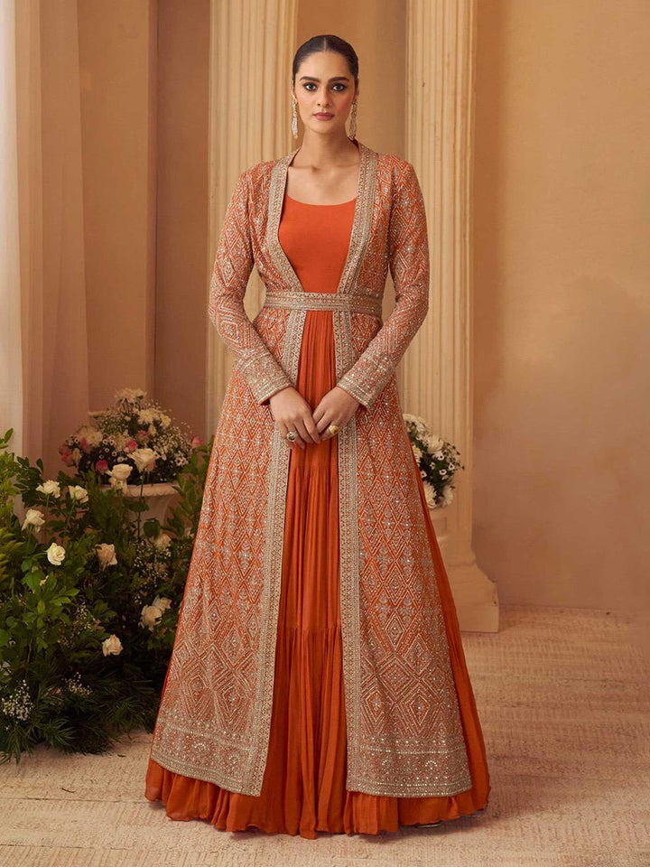 Rust Orange Chinnon Embroidered Anarkali Gown with Designer Jacket