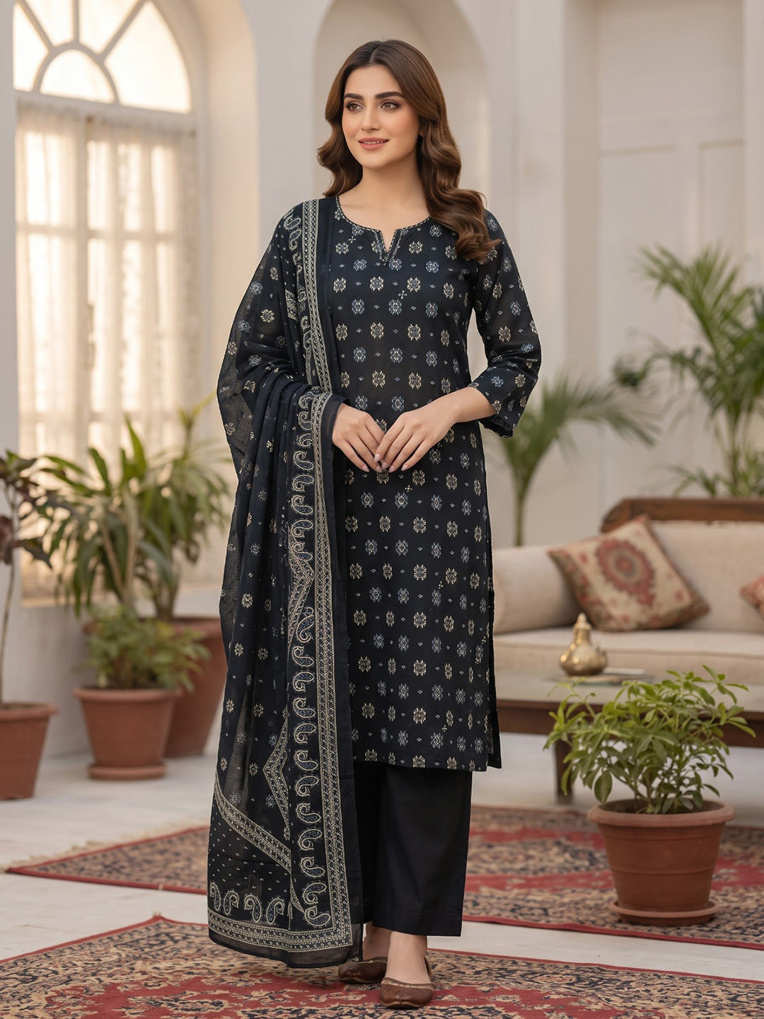 Black Printed Cotton Blend Kurta With Pant &amp; Dupatta