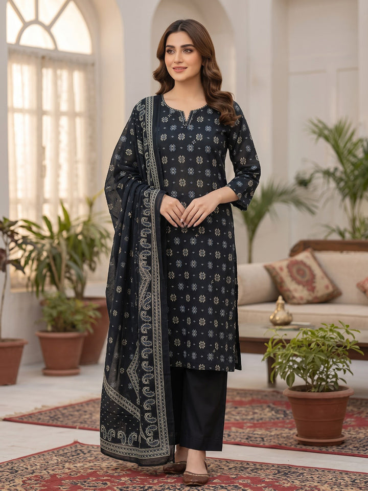 Black Printed Cotton Blend Kurta With Pant &amp; Dupatta