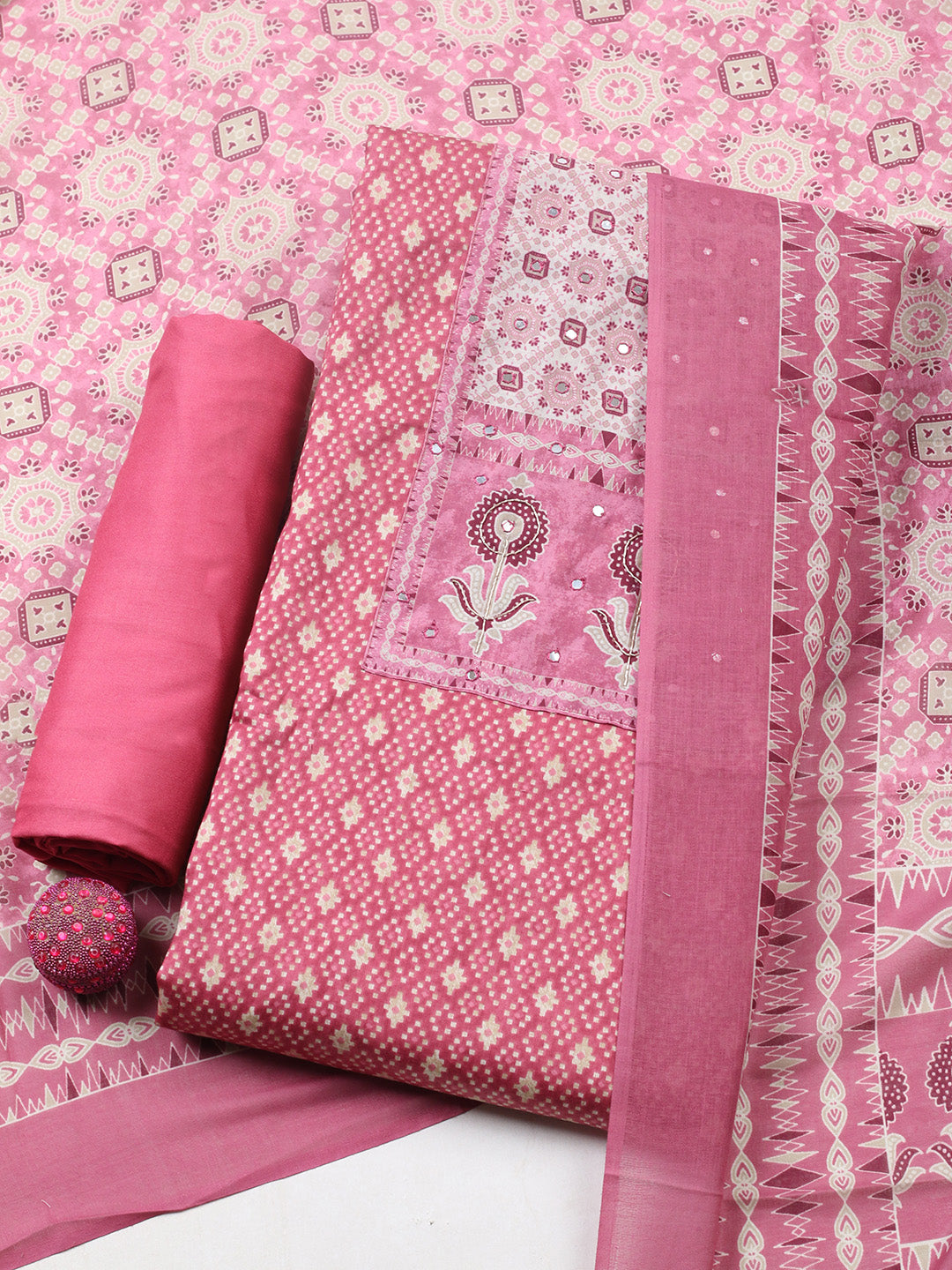 Printed Cotton Blend Unstitched Suit With Pant &amp; Dupatta