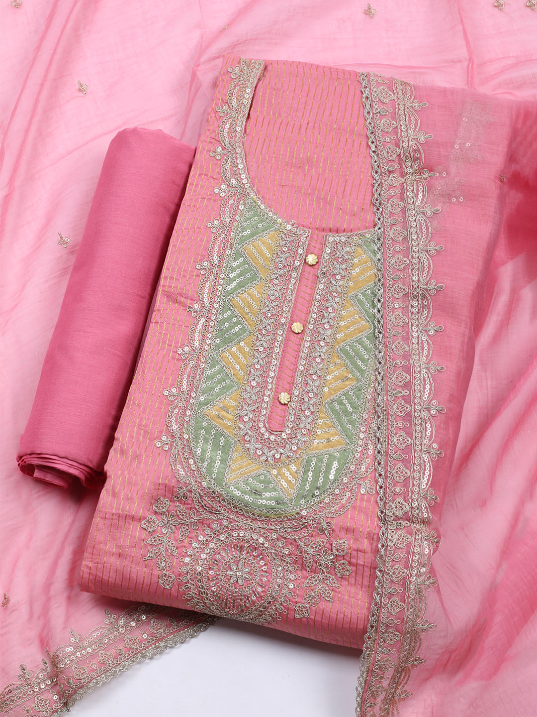 Neck Embroidered Chanderi Unstitched Suit With Dupatta