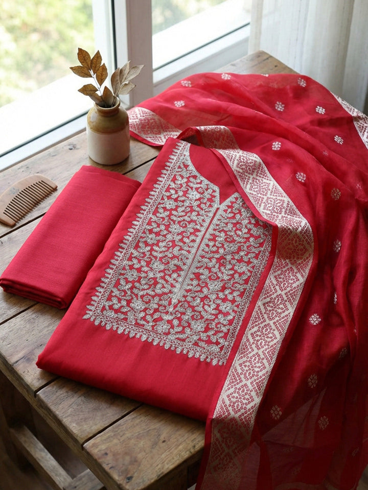 Neck Embroidered Chanderi Unstitched Suit With Dupatta