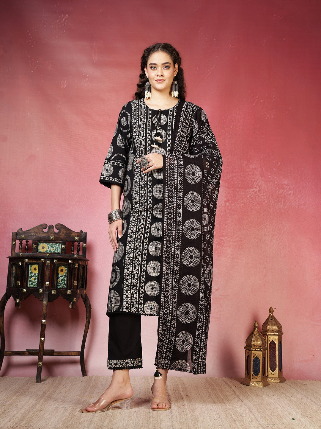 Printed Cotton Blend Kurta With Pants & Dupatta