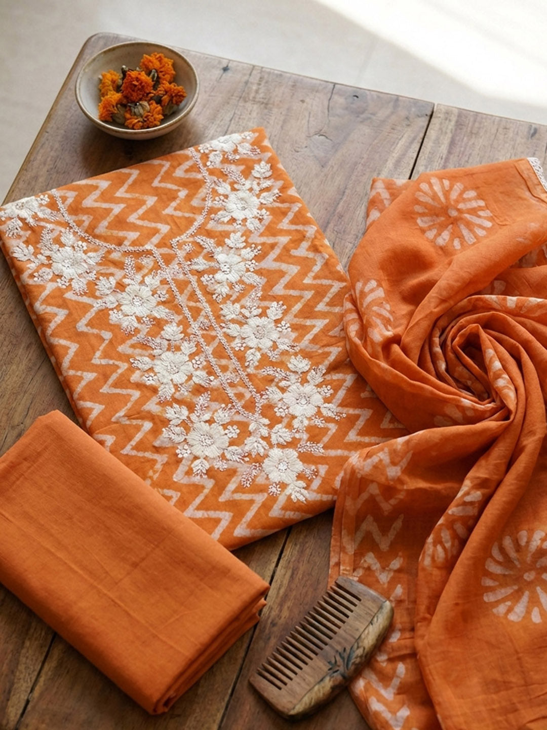 Printed Chanderi Unstitched Suit With Pant &amp; Dupatta