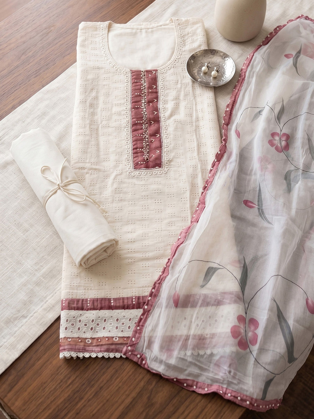 Neck Embroidered Cotton Blend Unstitched Suit With Dupatta