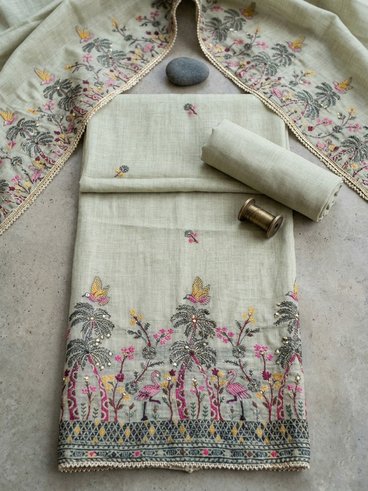 Embroidered Linen Blend Unstitched Suit With Pant &amp; Dupatta