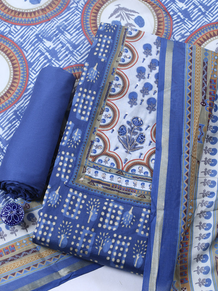Embroidered Cotton Blend Unstitched Suit With Pant &amp; Dupatta