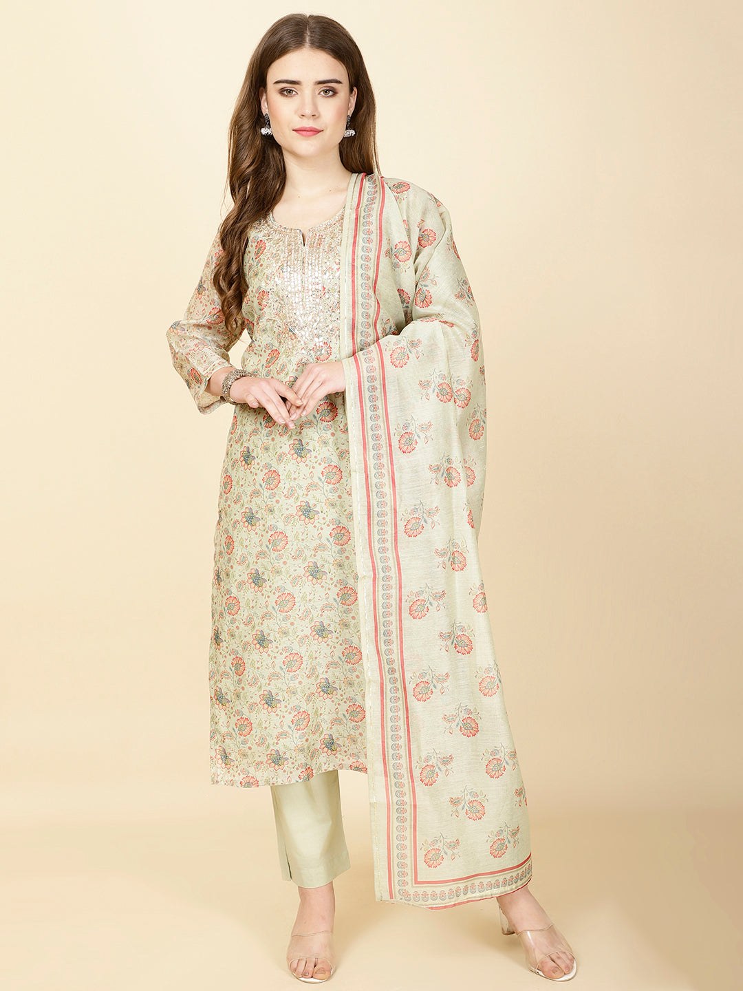 Printed Chanderi Suit Set With Dupatta