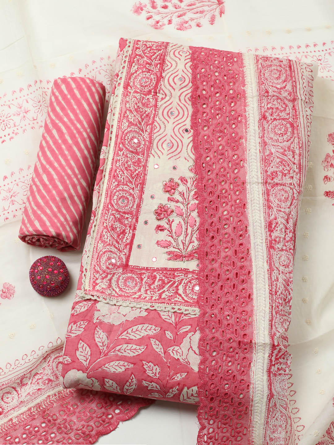 Printed Cotton Blend Unstitched Suit With Pant &amp; Dupatta
