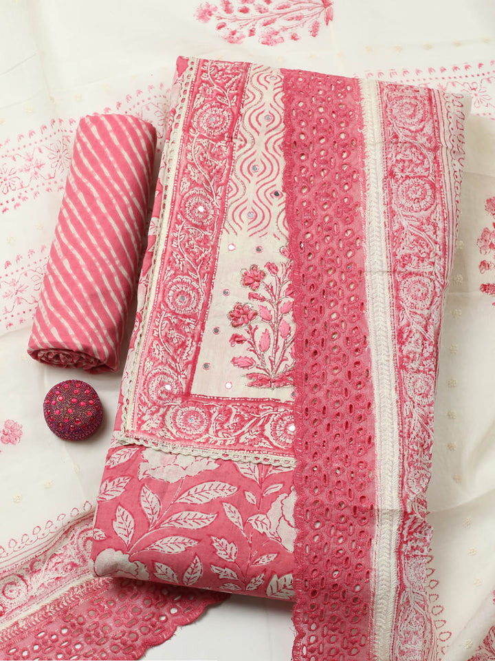 Printed Cotton Blend Unstitched Suit With Pant &amp; Dupatta