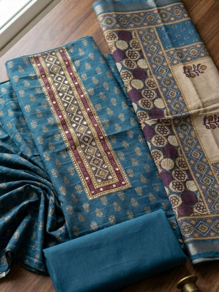 Embroidered Art Silk Unstitched Suit With Pant &amp; Dupatta
