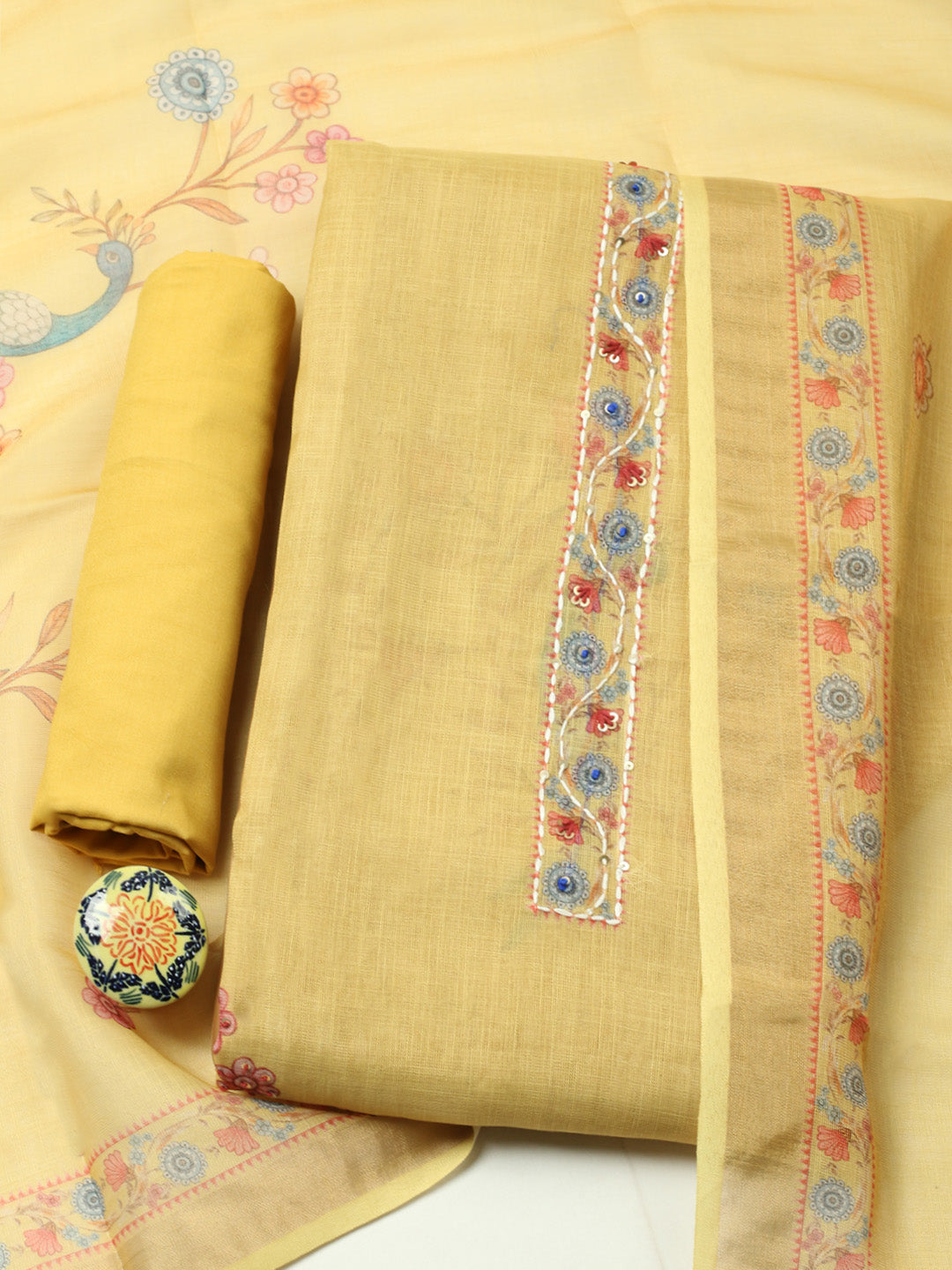 Embroidered Cotton Blend Unstitched Suit With Pant &amp; Dupatta