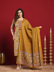 Printed Cotton Kurta With Pant & Dupatta