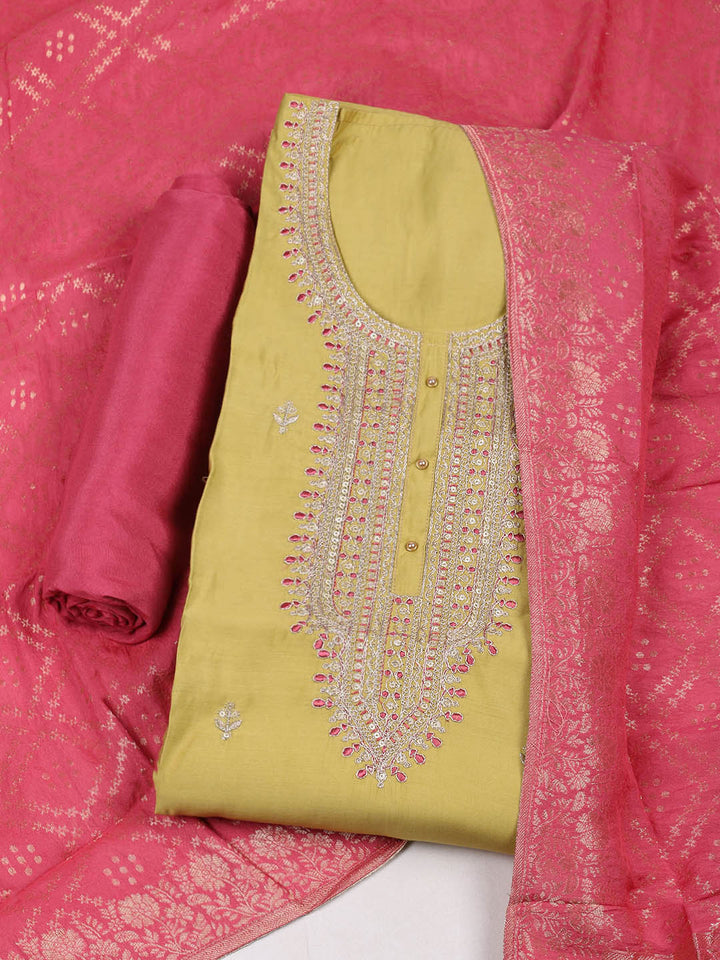 Embroidered Chanderi Unstitched Suit With Pant &amp; Dupatta