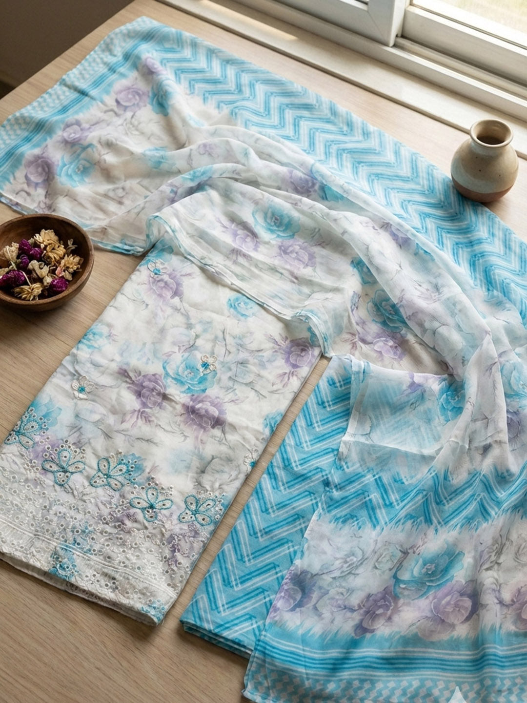 Embroidered Cotton Blend Unstitched Suit With Pant &amp; Dupatta