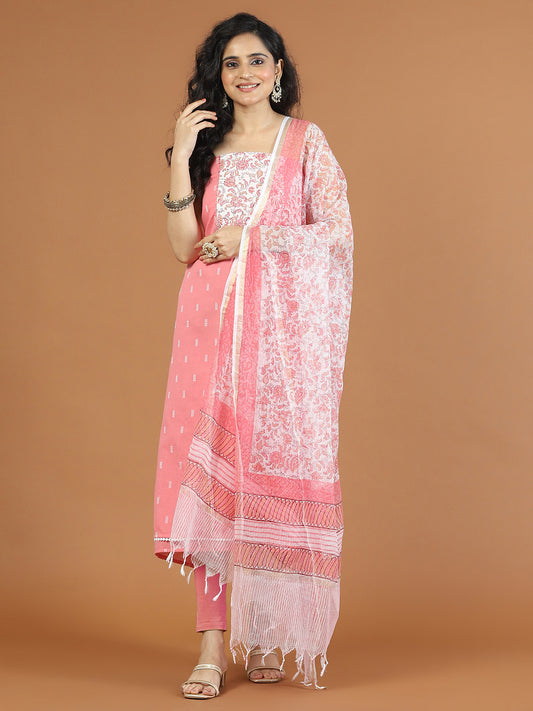 Printed Cotton Blend Unstitched Suit With Dupatta