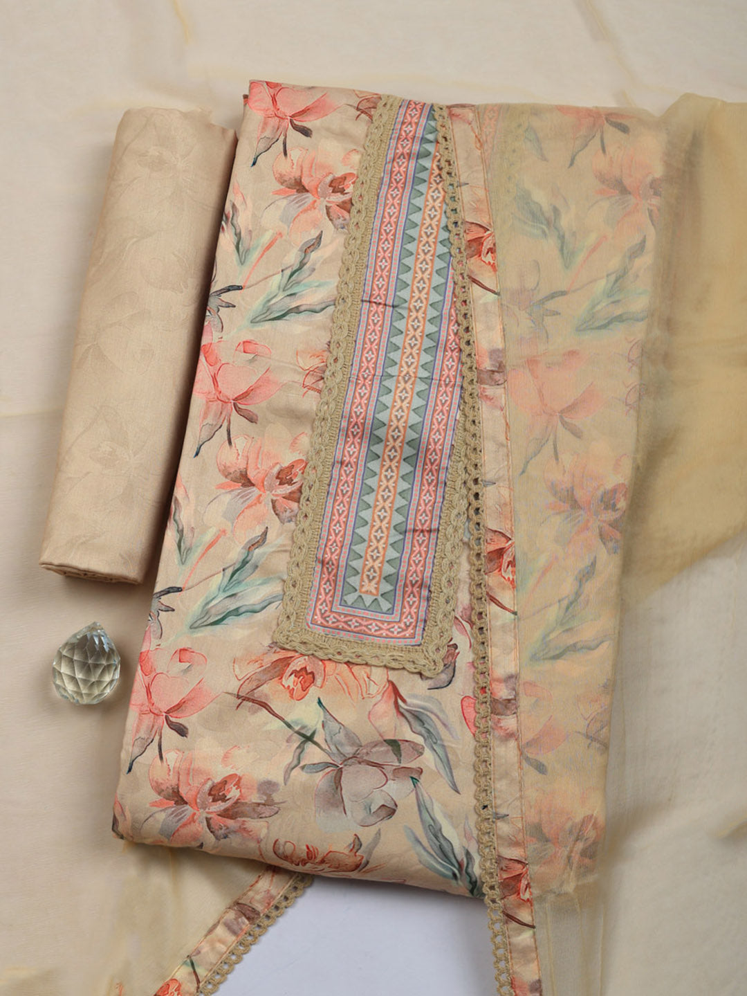 Embroidered Cotton Blend Unstitched Suit With Pant &amp; Dupatta