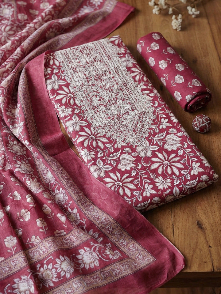 Printed Cotton Blend Unstitched Suit With Pant &amp; Dupatta