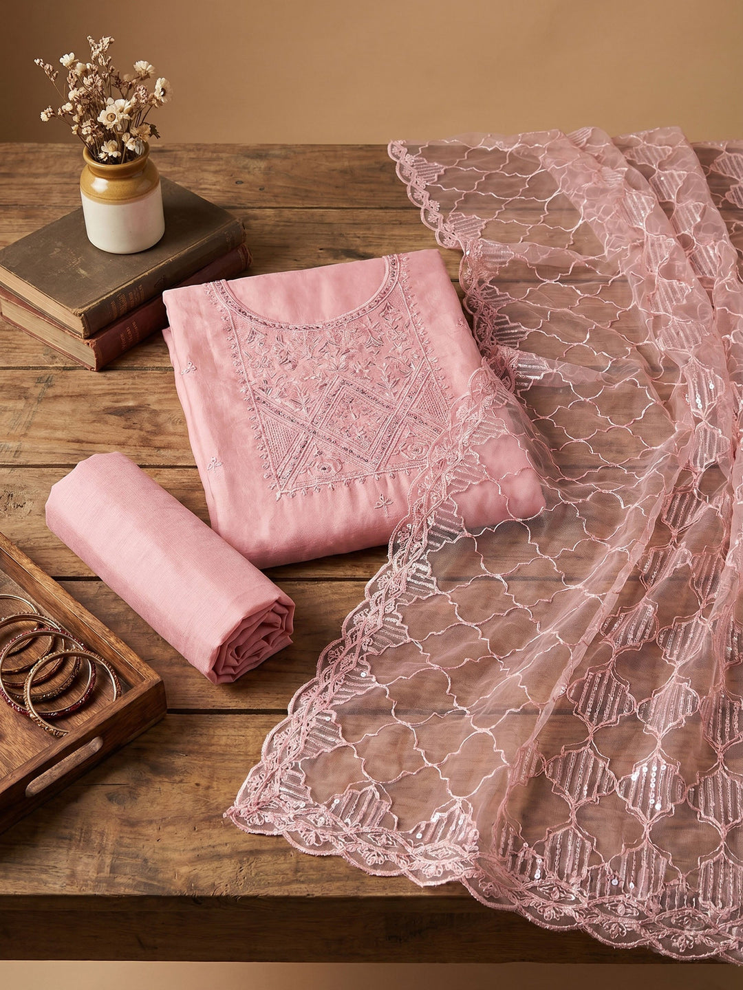 Neck Embroidered Chanderi Unstitched Suit With Dupatta
