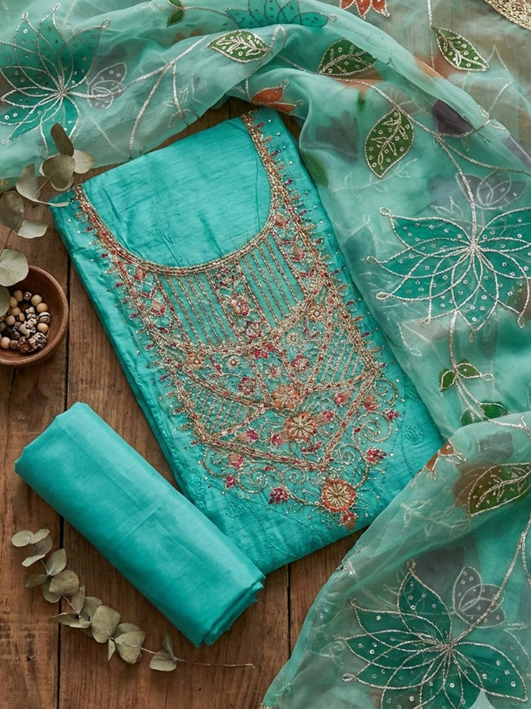 Embroidered Chanderi Unstitched Suit With Pant &amp; Dupatta