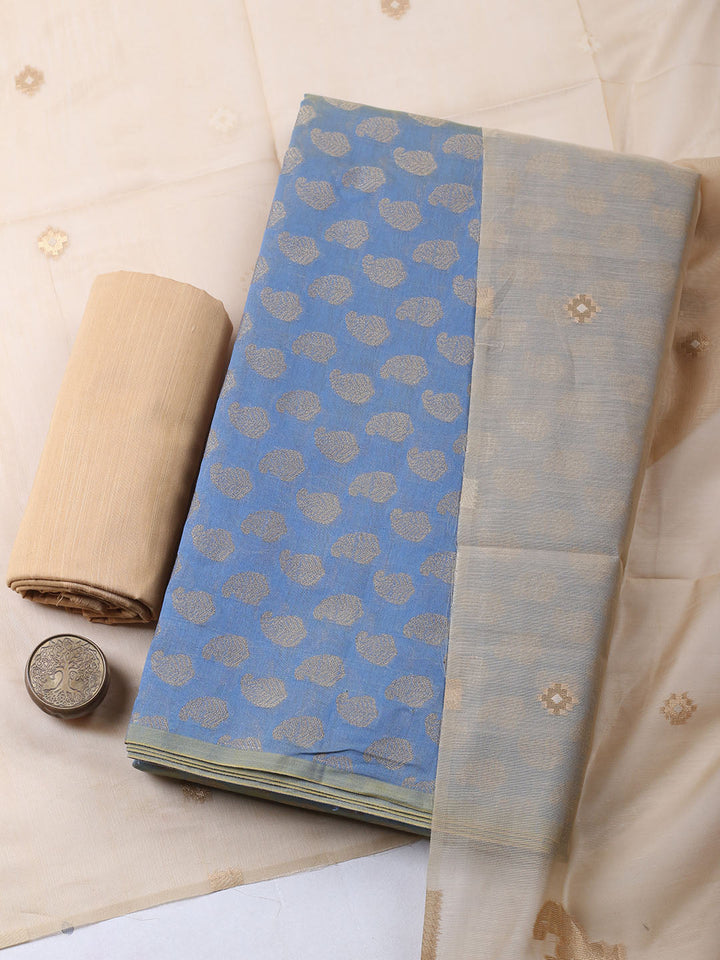 Printed Chanderi Unstitched Suit With Pant &amp; Dupatta