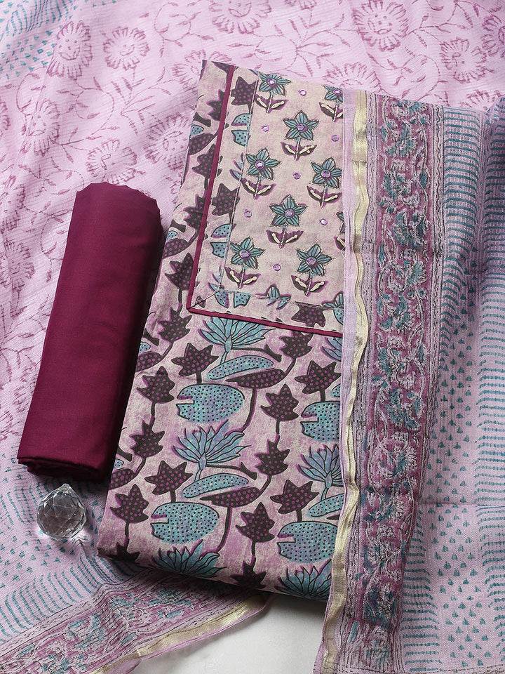 Printed Cotton Blend Unstitched Suit With Pant &amp; Dupatta