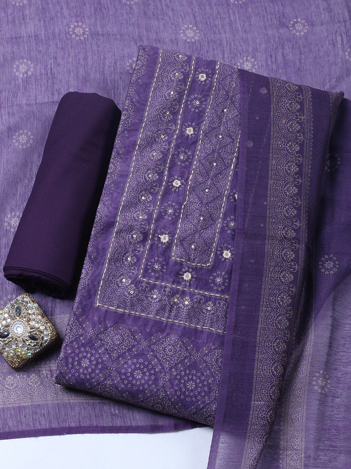 Embroidered Linen Blend Unstitched Suit With Pant &amp; Dupatta