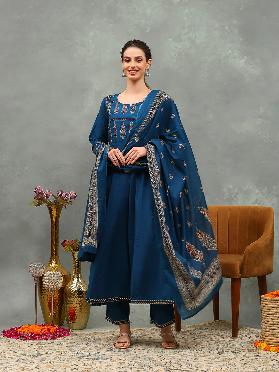Embroidered Cotton Kurta With Pants & Dupatta