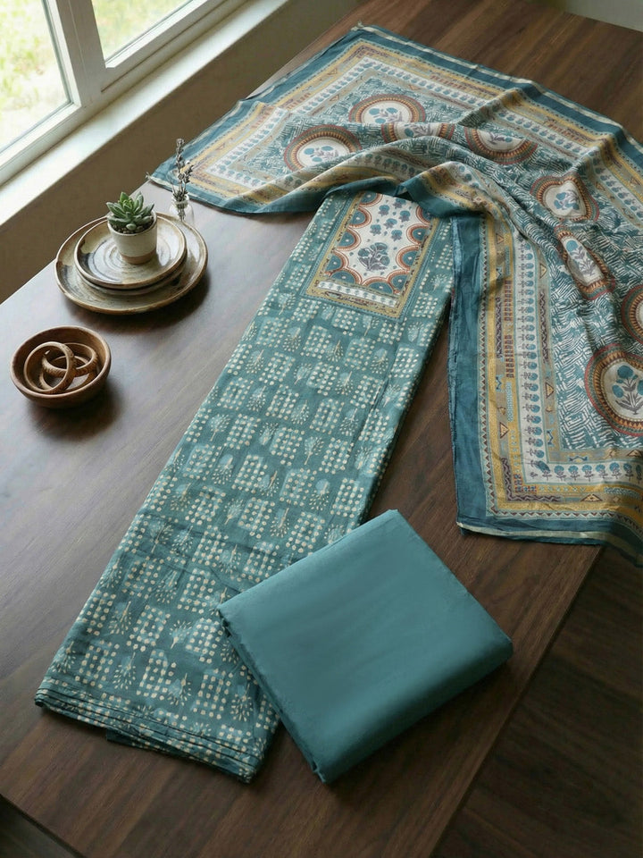 Embroidered Cotton Blend Unstitched Suit With Pant &amp; Dupatta