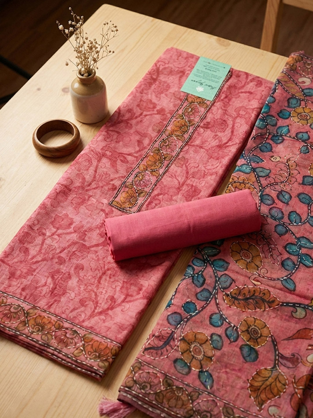 Printed Chanderi Unstitched Suit With Pant &amp; Dupatta