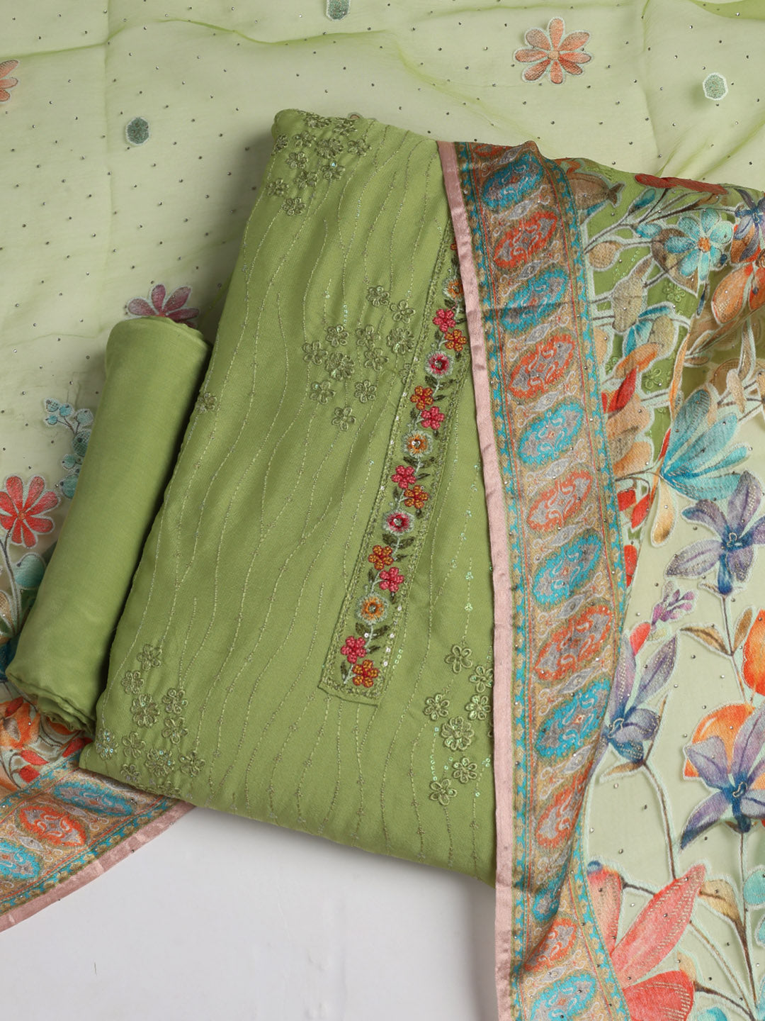 Embroidered Chinon Unstitched Suit With Dupatta