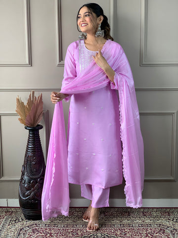 Resham Sequence Embroidery Cotton Blend Kurta With Pants & Dupatta