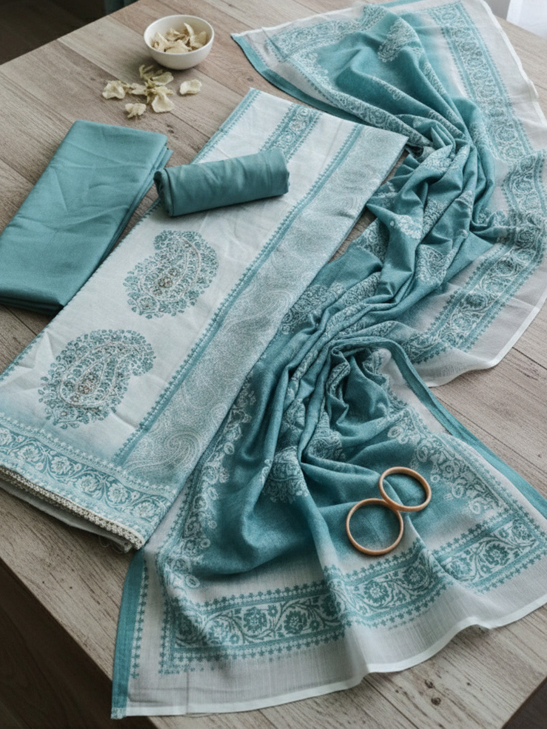 Printed Cotton Blend Unstitched Suit With Pant &amp; Dupatta