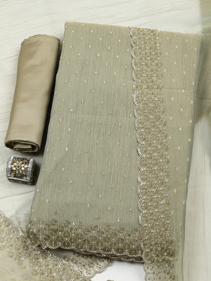 Embellished Tissue Unstitched Suit With Pant &amp; Dupatta