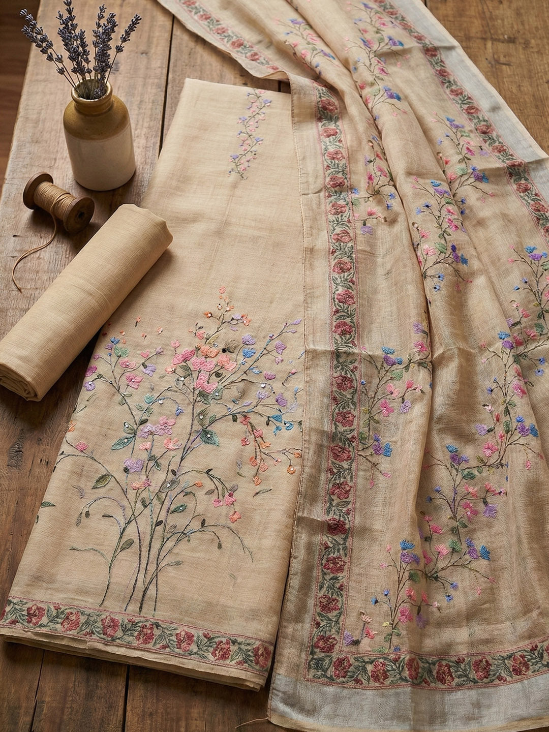 Embroidered Cotton Blend Unstitched Suit With Pant &amp; Dupatta