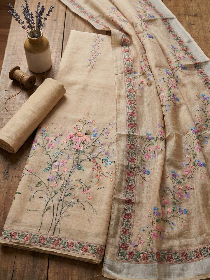 Embroidered Cotton Blend Unstitched Suit With Pant &amp; Dupatta