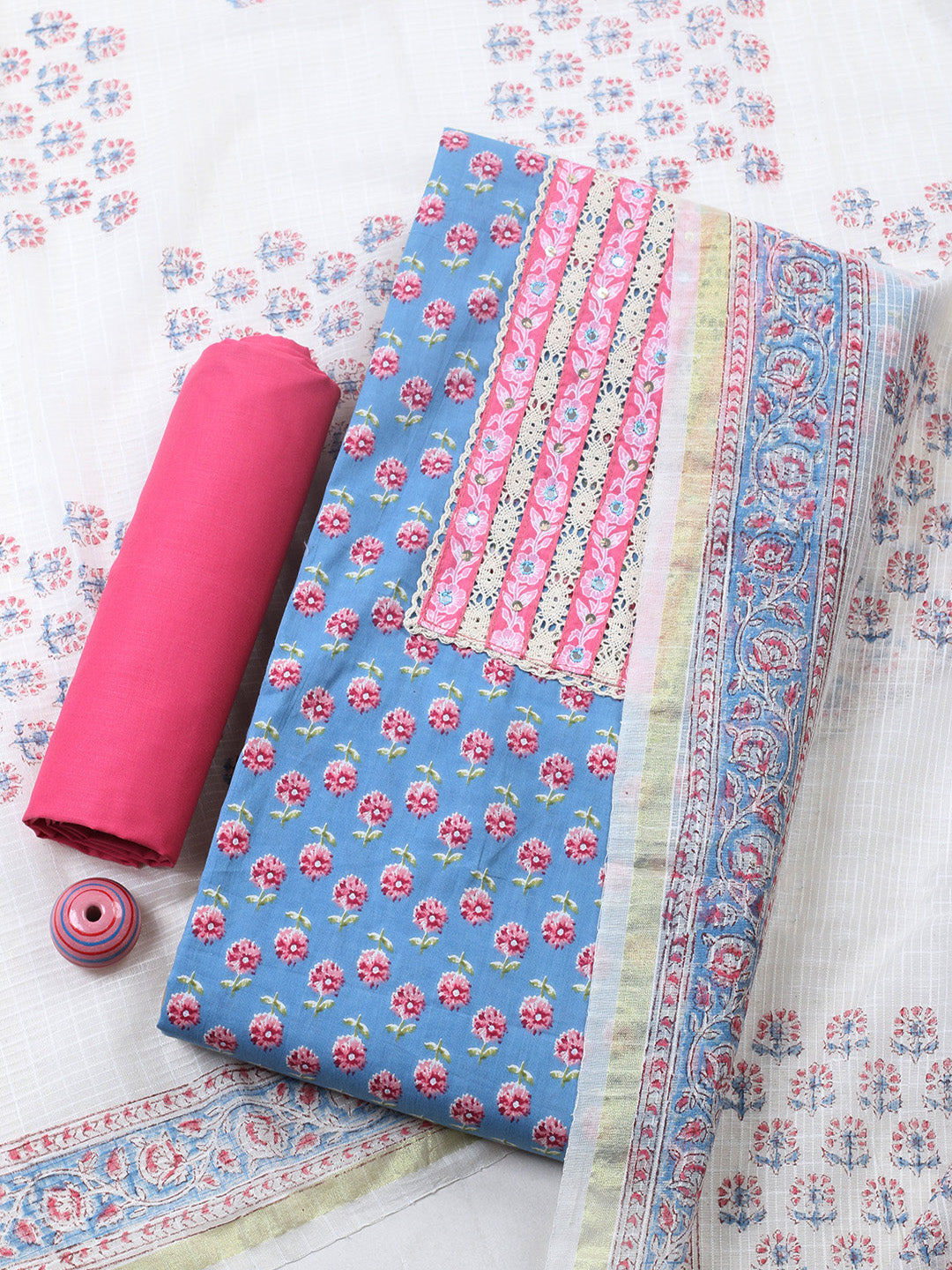 Printed Cotton Blend Unstitched Suit With Pant &amp; Dupatta