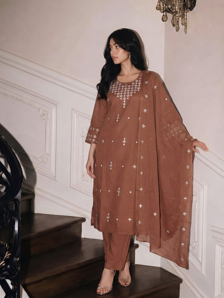 Brown Printed Cotton Blend Kurta With Pant &amp; Dupatta