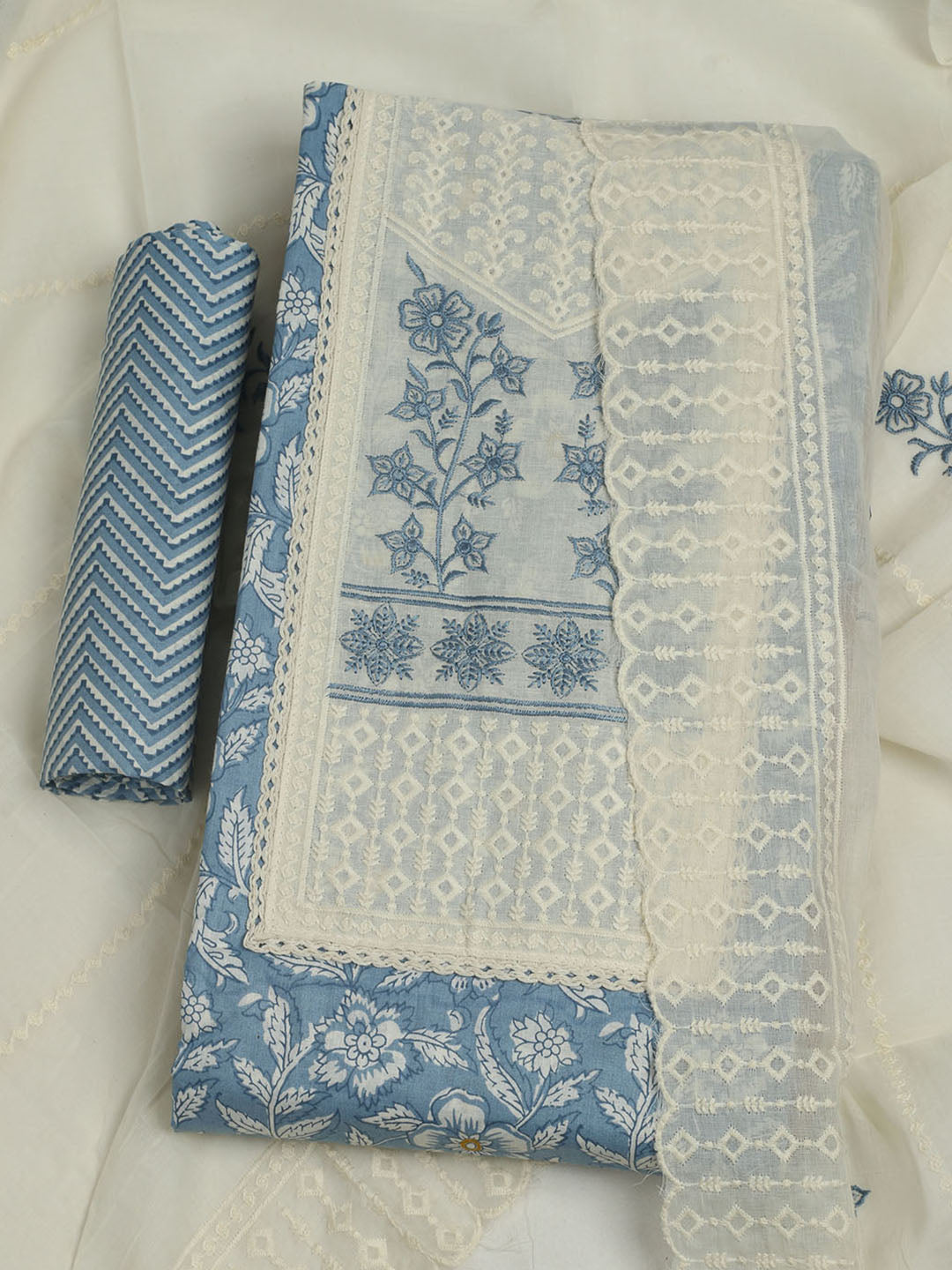 Printed Cotton Unstitched Suit With Pant &amp; Dupatta