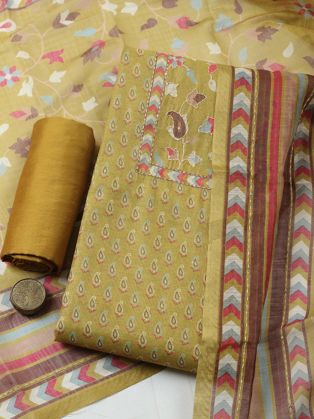 Embroidered Tissue Unstitched Suit With Pant &amp; Dupatta