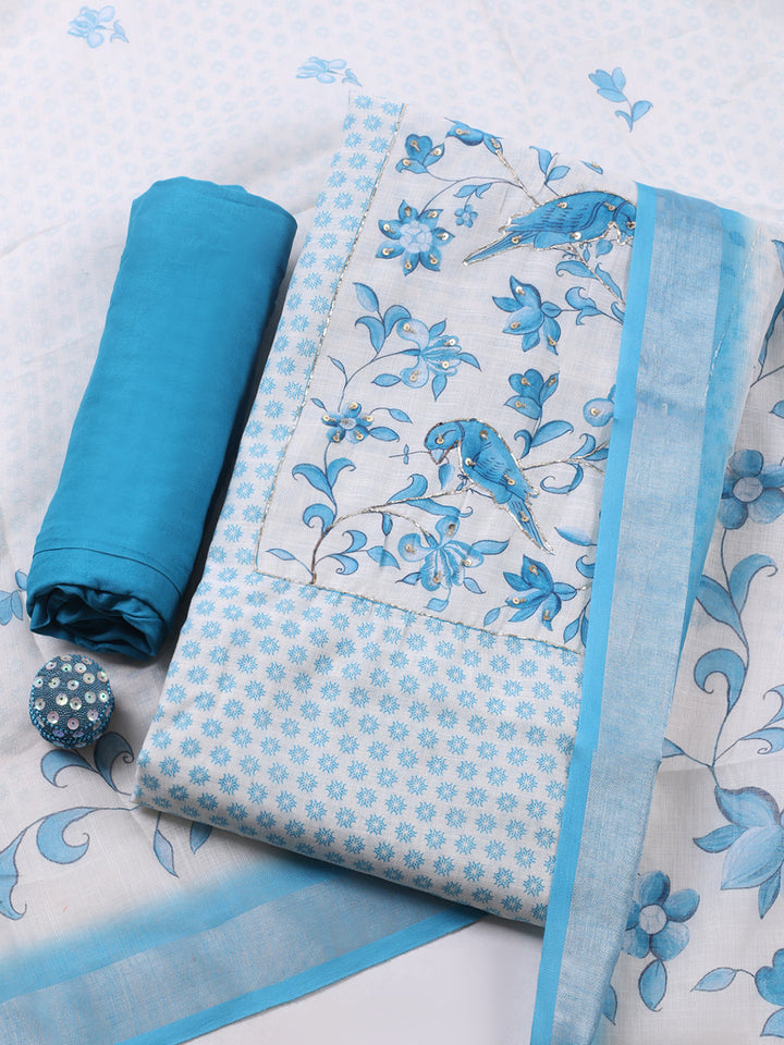 Printed Linen Blend Unstitched Suit With Pant &amp; Dupatta