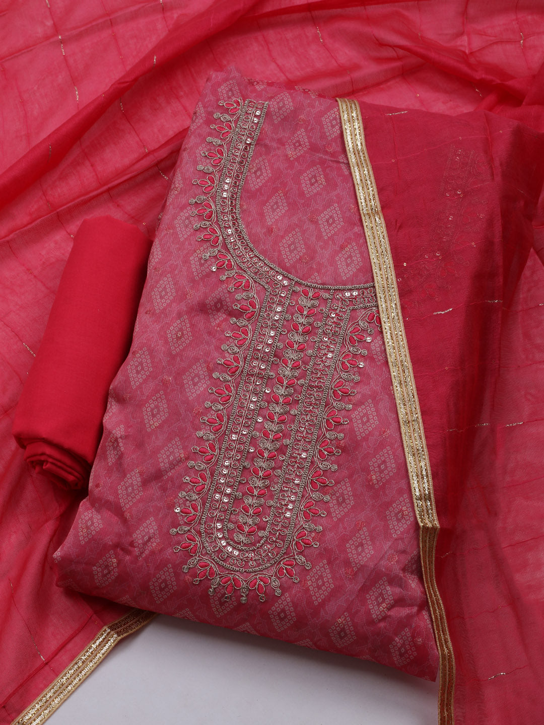 Neck Embroidered Chanderi Unstitched Suit With Dupatta