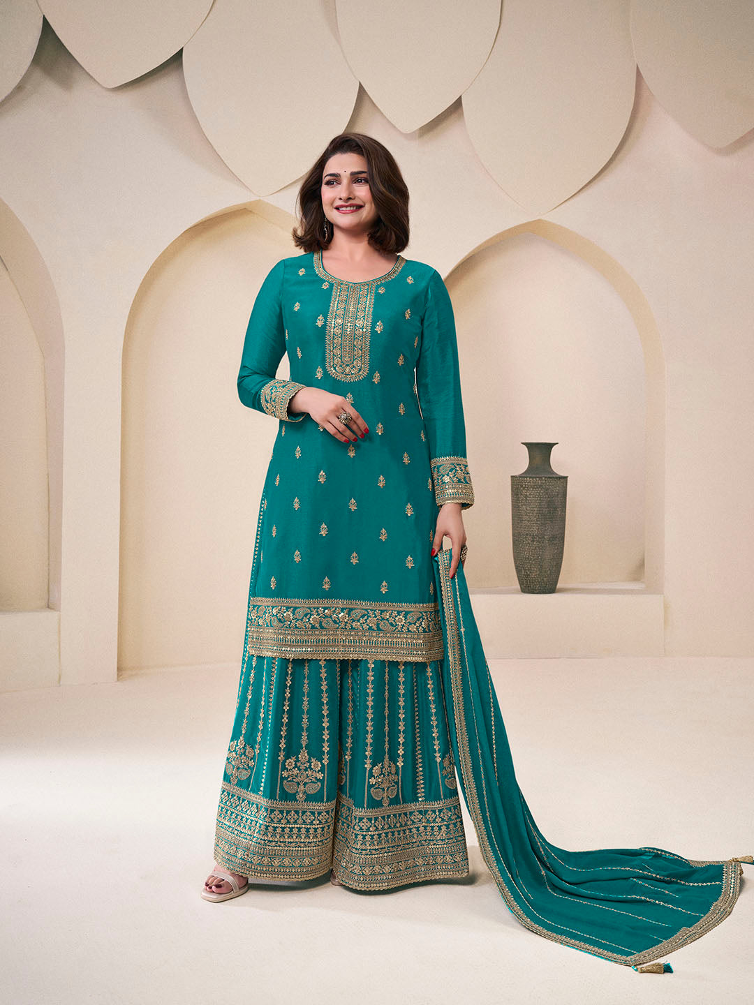 Embroidered Chinon Unstitched Suit With Pant &amp; Dupatta