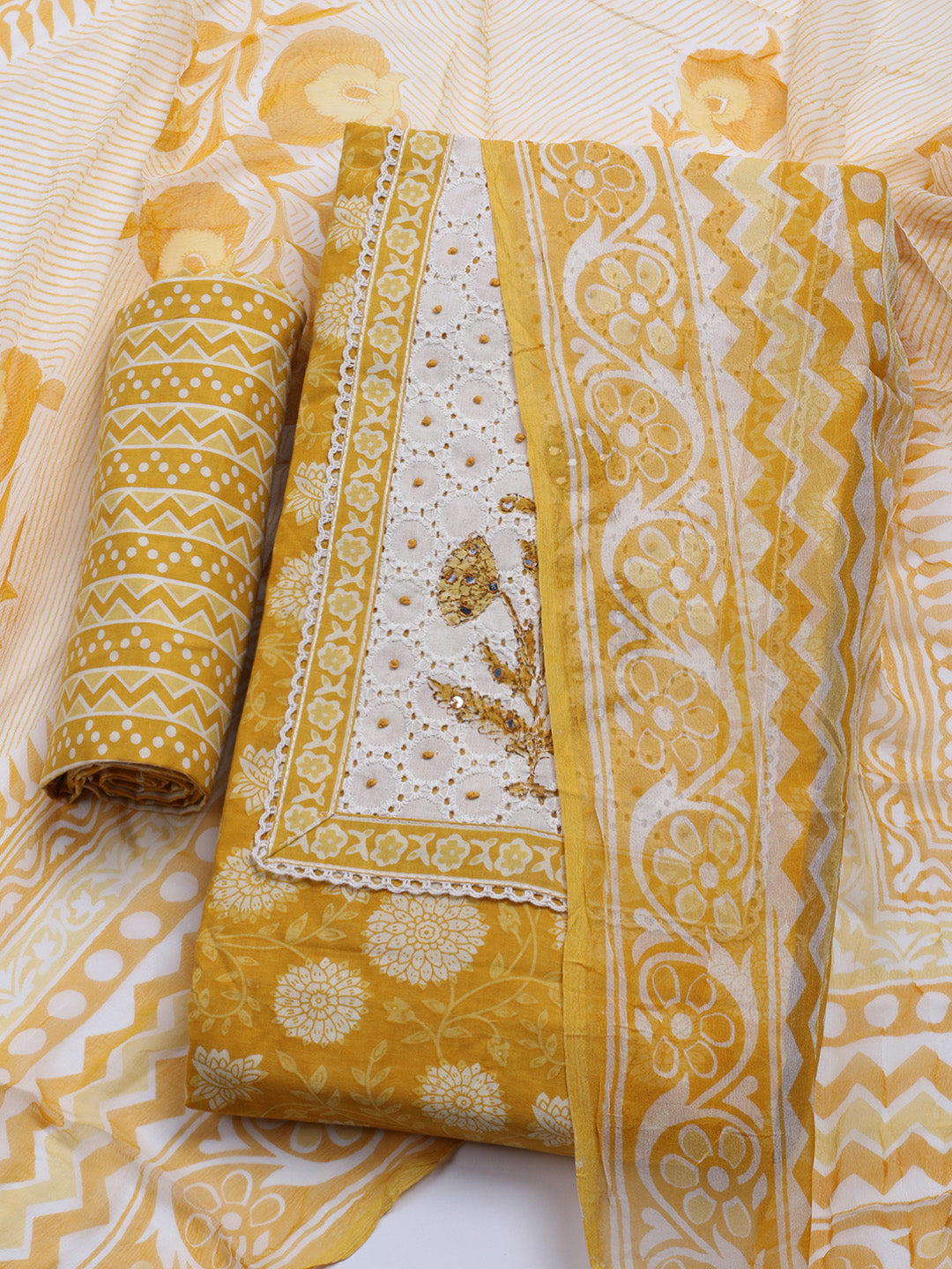 Printed Cotton Blend Unstitched Kurta With Pant &amp; Dupatta