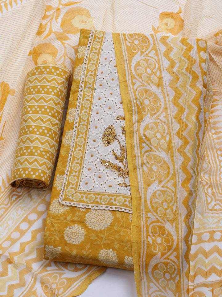 Printed Cotton Blend Unstitched Kurta With Pant &amp; Dupatta
