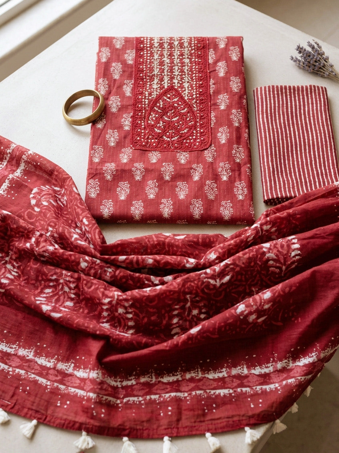 Embroidered Cotton Blend Unstitched Suit With Pant &amp; Dupatta