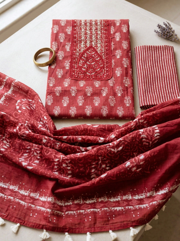 Embroidered Cotton Blend Unstitched Suit With Pant &amp; Dupatta