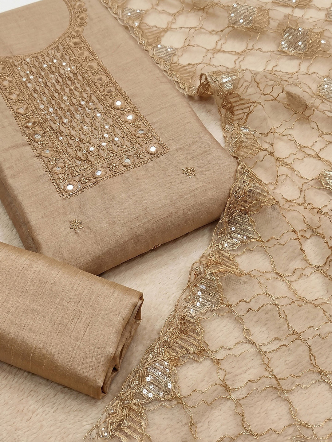 Neck Embroidered Chanderi Unstitched Suit With Dupatta