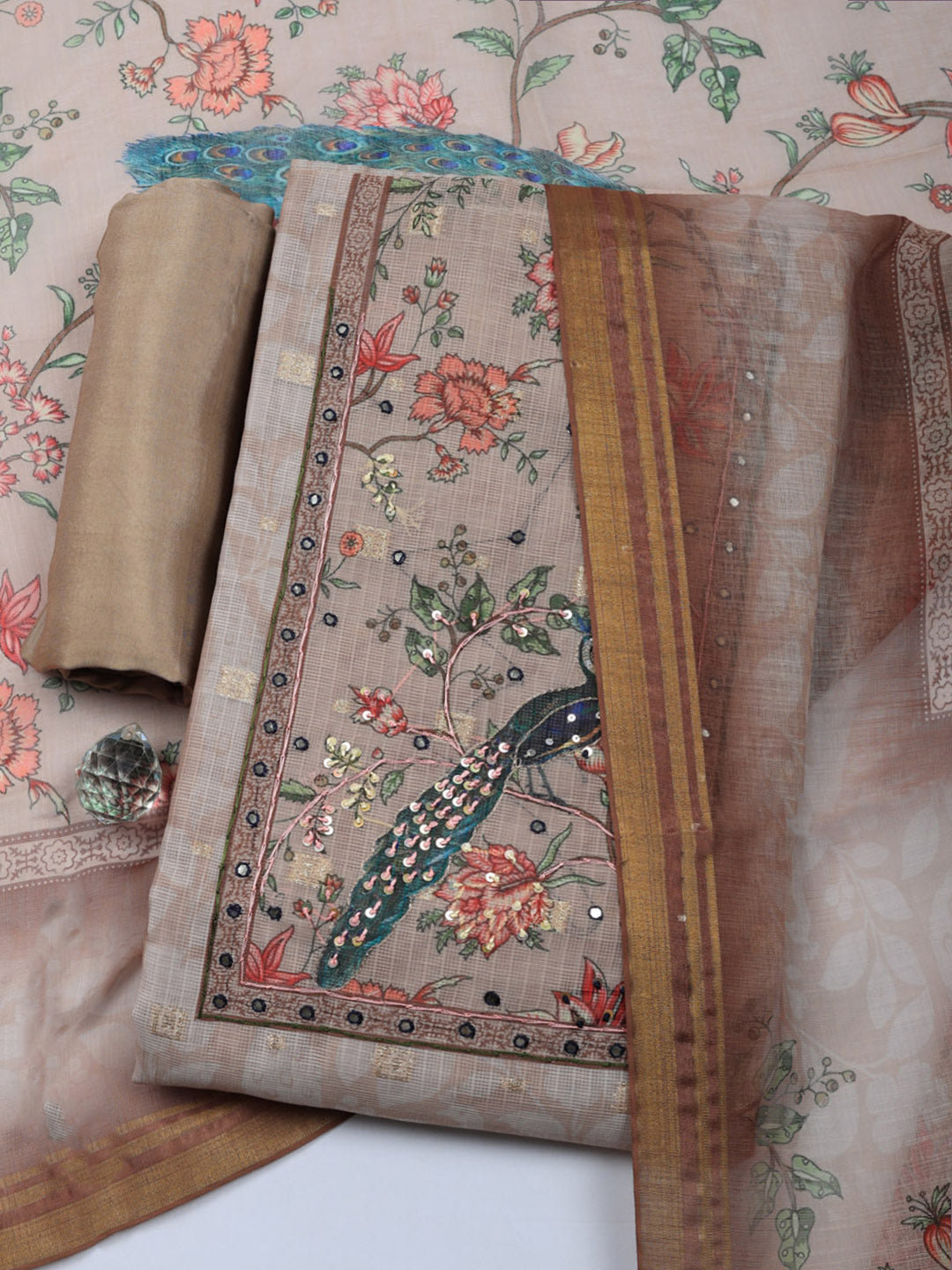 Embroidered Cotton Blend Unstitched Suit With Pant &amp; Dupatta