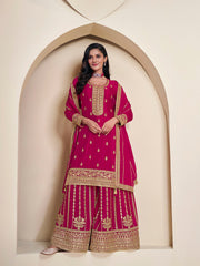 Embroidered Chinon Unstitched Suit With Pant & Dupatta